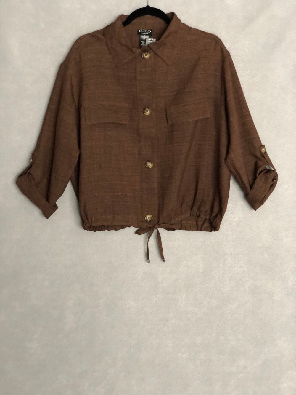 Soho Apparel LTD Drawstring Top Roll Tab Sleeves Brown Women's Large NEW